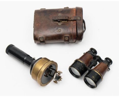 A pair of WWI period binoculars:, brown leather covered tubes with black lacquer finish, broad arrow mark and numbered 'S3 20
