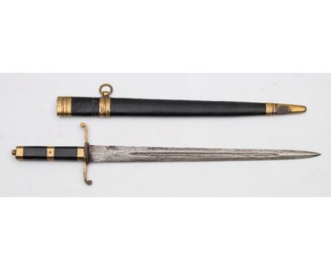 A Naval dirk:, the straight double edged blade with central fuller over brass opposing quillons and octagonal wooden grip wit
