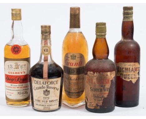 Four vintage bottles of whiskey and a bottle of brandy:, 'Ye Treasure Trove' Scotch,Gilbeys 'Spey Royal' , Highland Queen, Gr