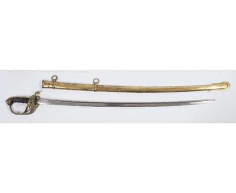 A Victorian Infantry Officer's dress sword:, the slightly curved pipe backed blade over a gilt brass folding hilt with single