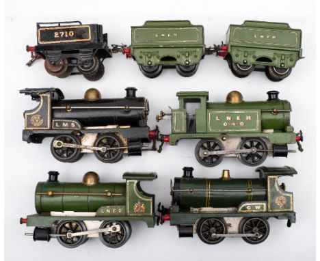 A group of four Hornby O gauge 0-4-0 locomotives:, comprising two LNER green with tenders, one GWR green and an LMS black wit