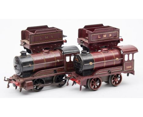 Two Hornby O gauge LMS maroon 0-4-0 locomotives and tenders:, No 500 and 5600.