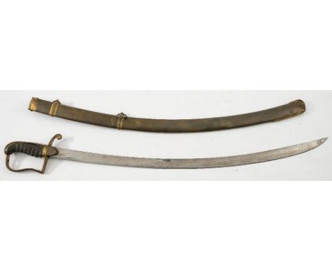 A British 1796 pattern Light Cavalry sword:, the curved fullered blade over a gilt brass stirrup hilt with double langets and