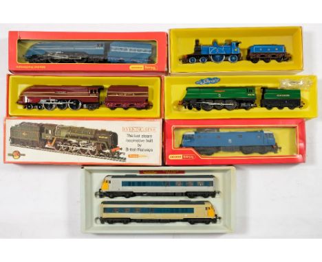 Tri-ang Hornby OO/HO gauge,: a group of seven locomotives; R555C Pullman Train, R871 4-6-2 LMS maroon Coronation, R 553/4 Cal