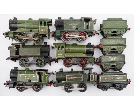 A group of six Hornby O gauge 0-4-0 tank locomotives in green, LNER, GWR etc:, and  four various tenders (10)