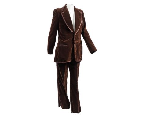 A mid 20th century brown velvet gentleman's suit  by Blades of London, reputedly  the former property of Terence Stamp:,  sin