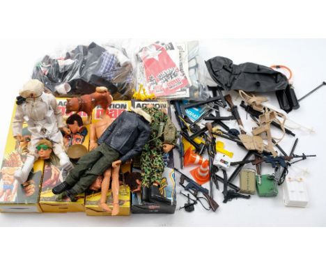 Palitoy Action Man, a group of four flock haired figures:, (heads loose) together with a collection of uniforms, weapons and 