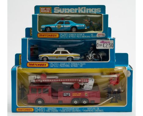 Matchbox Super Kings, a group of emergency vehicles:, K-39 Snorkel Fire Engine, K-66 Jaguar Xj12 Police Patrol and K-78 Plymo