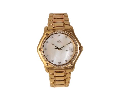 AN EBEL 1911 18CT GOLD GENTLEMAN'S BRACELET WATCH with quartz movement, the mother of pearl dial with diamond baton numerals 