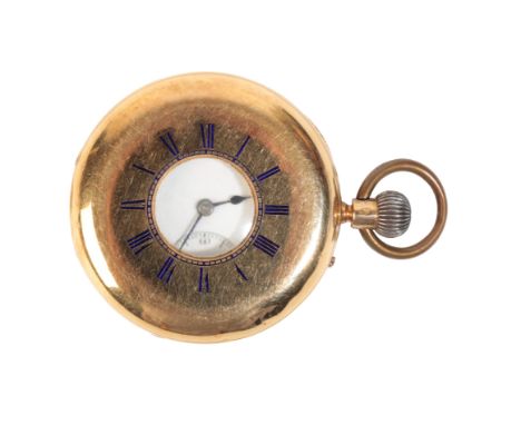 J VINCENT OF WEYMOUTH: AN 18CT GOLD HALF HUNTER GENTLEMAN'S POCKET WATCH with keyless wind movement, the white enamel dial wi