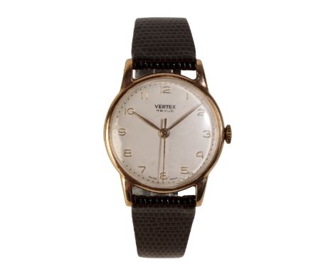 A VERTEX 9CT GOLD GENTLEMAN'S WRISTWATCH with manual wind movement, the silver dial with gold Arabic numerals and gold hands,