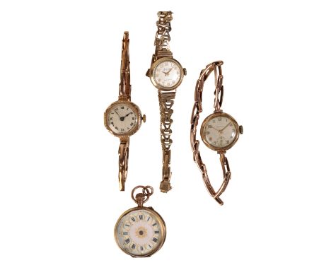 A 9CT GOLD FOB WATCH with keyless wind movement, the white enamel dial with black Roman numerals, no. 428705; and three 9ct g