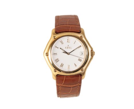 AN EBEL 1911 18CT GOLD GENTLEMAN'S WRISTWATCH with quartz movement, the white dial with gold Roman numerals, gold hands and d