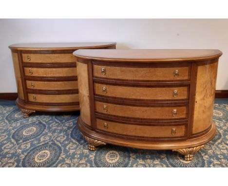 Pair of Armando Rho Italian figured walnut and rosewood banded demi-lune commode chests, each 150cm wide x 60cm deep x 98cm h