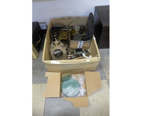 Assorted clock movements, dials, glasses, etc. 