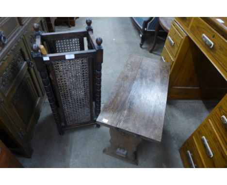 An oak bobbin turned bergere stick stand and a stool 