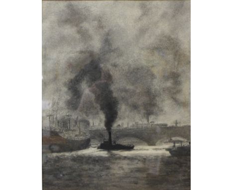 K. Monk, boats on the River Thames, pencil drawing, 34 x 27cms, framed 