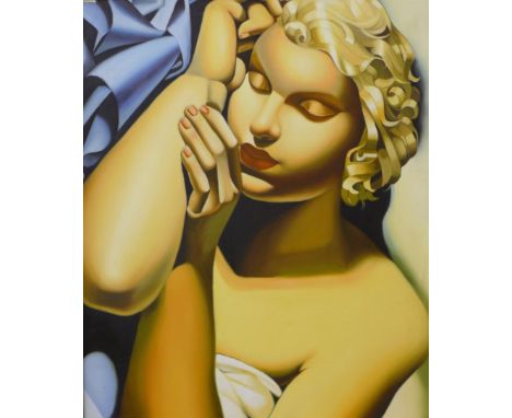 Manner of Tamara de Lempicka, half portrait of a lady, oil on canvas, 60 x 50cms, framed 