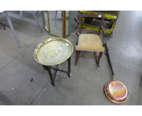 A child's rocking chair, brass topped barleytwist occasional table and a bed warming pan 