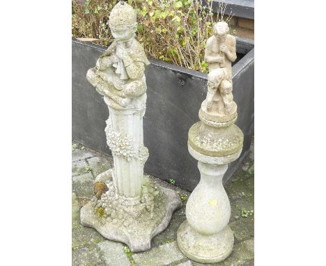 A reconstituted stone garden figure of a seated pan pipe player on fluted column, height 88cm, together with a further recons
