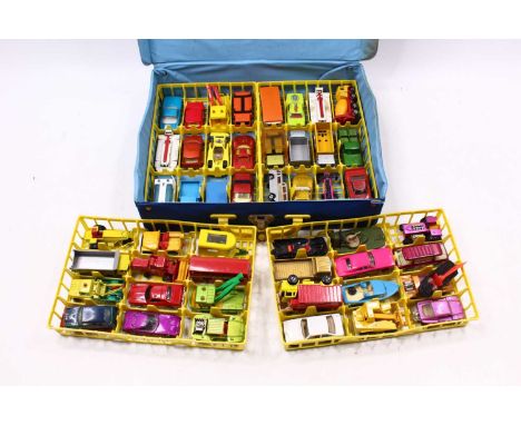 Case of various Matchbox Superfast, Juniors and similar scale diecast vehicles, housed in an original Superfast Carry Case