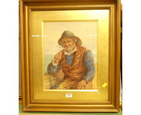C Drummond - half length portrait of a pipesmoking fisherman, watercolour, signed lower left, 35x27cm
