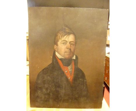 Early 19th century French school - half-length portrait of a young man wearing a black coat and red tunic, oil on panel, 44 x