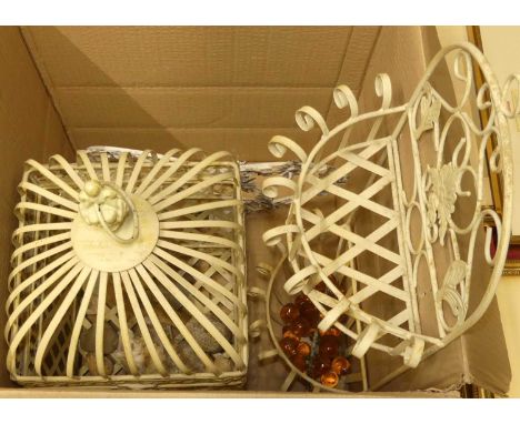 A contemporary cream painted wired metal hanging birdcage, together with two-tier garden plant shelf, a pair of circular wall