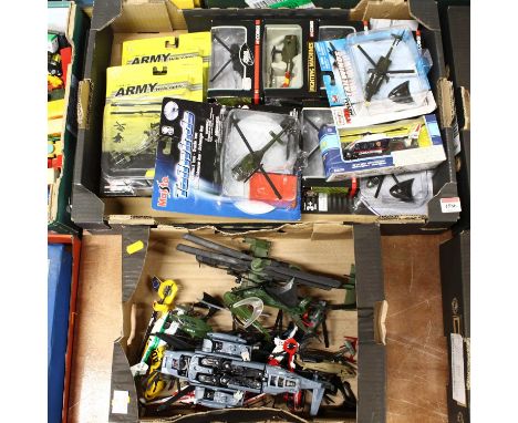 Two boxes containing modern issue diecast boxed and loose helicopters and others to include; Maisto Tailwinds, Corgi Fighting