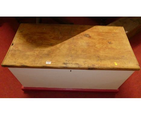 A rustic pine and later part painted hinge top tool chest, width 93cm