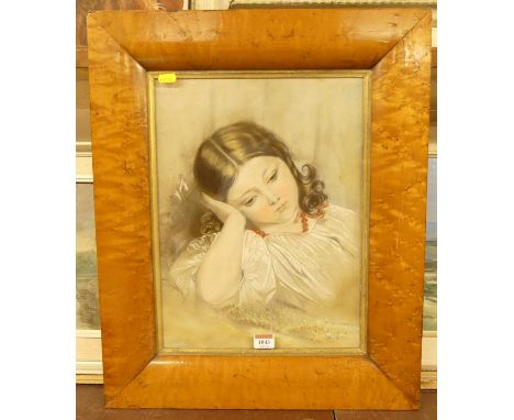 Late 19th century English school - half-length portrait of a young girl wearing a beaded necklace, pastel, 40 x 30cm, the who