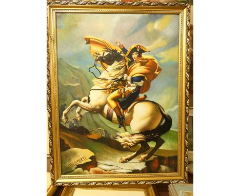 Contemporary school - Portrait study of Napoleon Bonaparte on horseback, acrylic on canvas, 79 x 59cm; together with another 