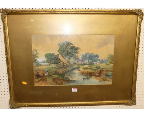 After John Constable - Figures on the riverbank, watercolour, 30 x 46cm