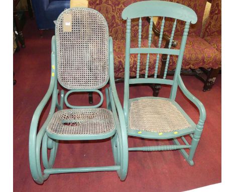 A painted bentwood and cane inset rocking chair; together with a bobbin-turned painted and cane inset rocking elbow chair (2)
