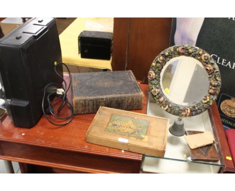 A VINTAGE WOODEN CHILDREN'S GAME, TOGETHER WITH A FAMILY BIBLE, FLORAL TABLE MIRROR, ELECTRIC TYPEWRITER, A BRASS BELL, AND A