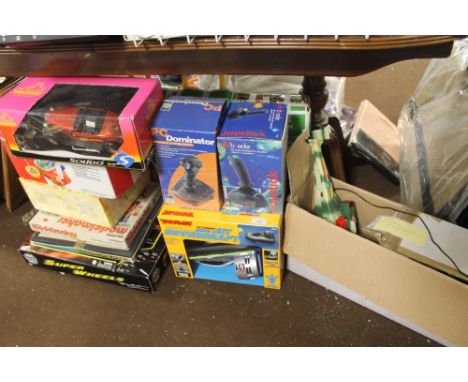 A QUANTITY OF ASSORTED CHILDREN'S GAMES TO INCLUDE JOY-STICKS, SOLIDO FORD ROADSTER, ETC 