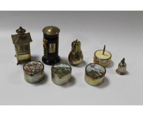 A QUANTITY OF HALLMARKED SILVER AND WHITE METAL ITEMS TO INCLUDE ENAMEL TOPPED POTS, ETC 