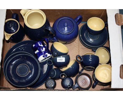 A blue studio pottery part Teaset comprising cups, saucers, cake plate, etc. together with miscellaneous pottery items.