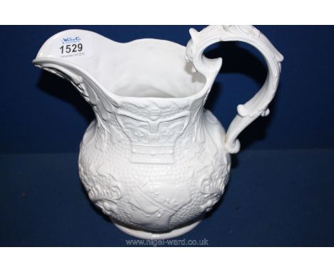 A rare and interesting moulded Jug c. 1863, probably Albion Saltglaze by Brownfield of Cobridge, with the royal arms and prof
