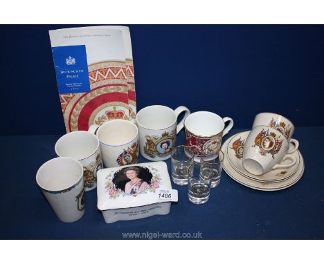 A quantity of commemorative china including mugs, cups, saucers, box, beaker, Buckingham Palace mug and tot glasses, etc.
