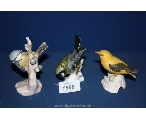 Three matt finish Goebel birds including a Great Titmouse, Blue Titmouse etc.
