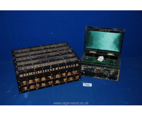 A porcupine Quill Box with mother of pearl decoration and a green velvet lined Jewellery Box