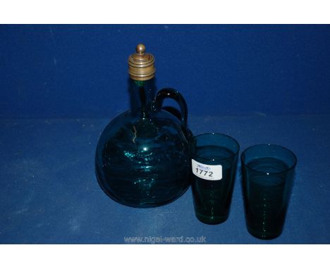 A turquoise glass Decanter and two small Tumblers.