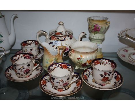 A Mason's ''Mandalay'' Teapot and four cups and saucers and three floral decorated pieces (two being a/f)