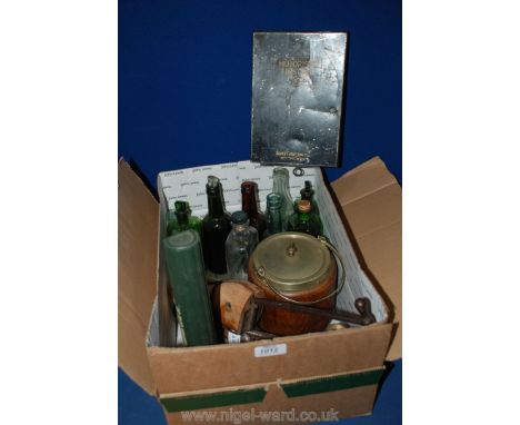 A box of miscellanea including a Motorist First Aid case,Nottingham, various bottles, treen biscuit barrel and shoe trees, ru