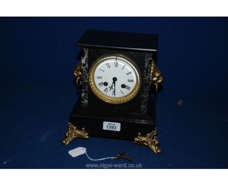 A good quality early 20th c. Slate and Marble architectural Mantle Clock with brass trim bevel plate door with enamelled face