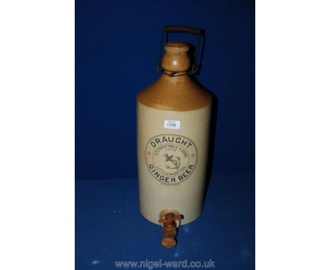 A large Ginger Beer Flagon with wooden tap by G.S. Constable & Sons Ltd, Littlehampton, Bourne Denby, 20 1/2'' diameter.