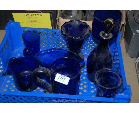 A quantity of Bristol Blue glass including small birds, vase, decanter (stopper a/f), Tankard (damaged) etc.