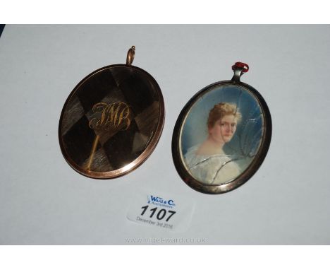 A Portrait Miniature of a lady signed R. Gurnell 1908 (glass broken) and a gold mounted woven Hair Pendant (as found)