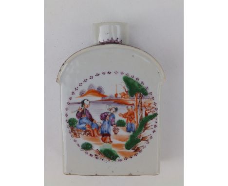 An 18thC Chinese famille rose porcelain tea caddy of shouldered flask form, decorated with figures by water within a roundel 